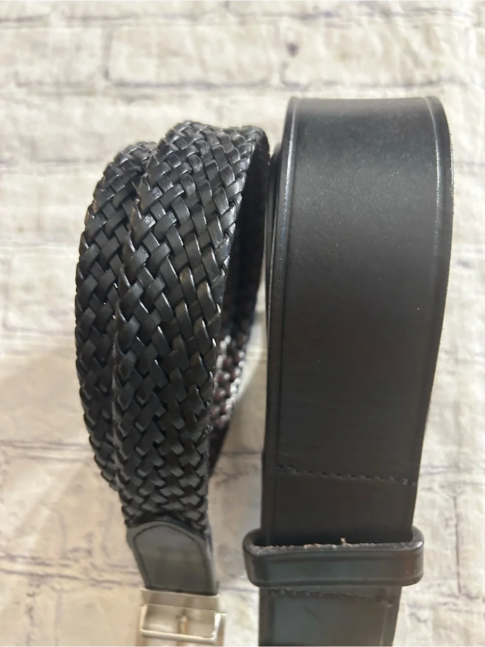 BLACK WAXED LEATHER (BWF) RUGGED BELT SIZE 28 & BLACK WOVEN REVERSIBLE BELT 28